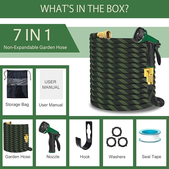 Garden Hose Non-Expandable 25 ft, Lightweight Flexible Water Hose with 10 Function Spray Nozzle, Outdoor Leak Proof, Kink-Free, Portable Hose for Yard, Lawn, Camper, High-Density Fabric, Black Green