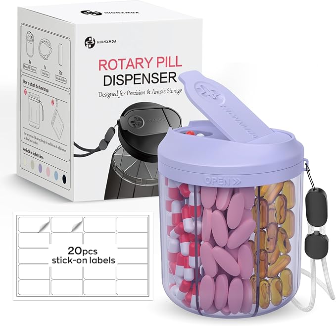 Pill Organizer with 7 Large Compartments, Pill Dispenser 4.4" H x 3.6" Dia for Travel, Supplement Organizer with Anti-Mixing Design, BPA-Free Pill Container with 20 Pcs Labels, Purple