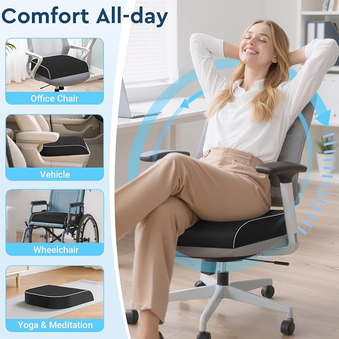 Seat Cushion, Memory Foam Office Chair Cushion, Black, X-Large | Office Desk Accessories, Butt Pillow for Long Sitting Sciatica, Coccyx, Tailbone, Hip Pain Relief - for Home, Car, Airplane