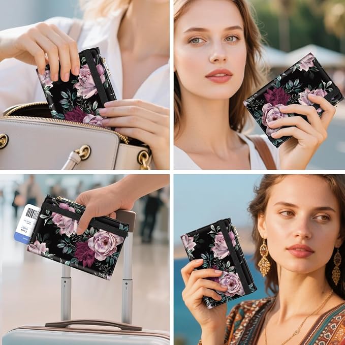Passport Holder for Travel, RFID Blocking Passport Cover for Women Zipper | Travel Wallets, Passport Book Holder, Credit Card Holder, ID Window,SIM Card Slots, Coin & Tickets Pocket, Roses