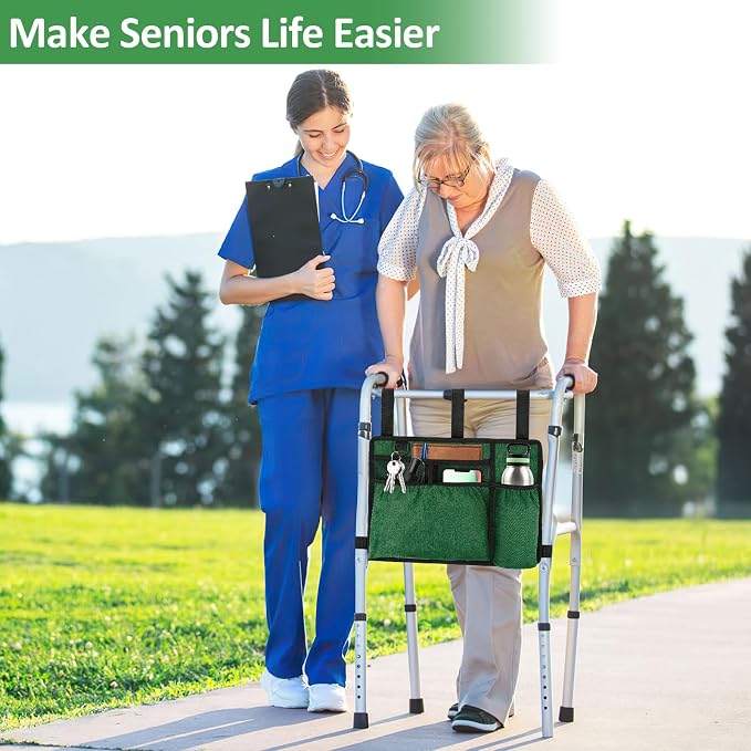 Walker Accessories, Foldable Walker Basket with Cup Holder (Green) | Walker Bag Carry Storage Pouch Water-Resistant for Seniors, Elderly, Handicap