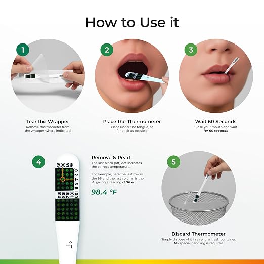Disposable Thermometer (100-Pack, Fahrenheit) — Oral Thermometer for Adults, Single Use, Battery Free, Hygienic, Accurate Readings in 1 Minute, for Home, Clinic & Travel