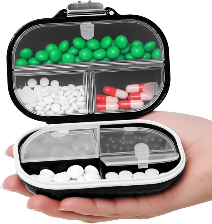 Personal Pill Organizer 2PACK- Medicine Pill Case with Medicine Tracker, Waterproof Pill Box, 7 Compartments, Foldable Design (Black & White)
