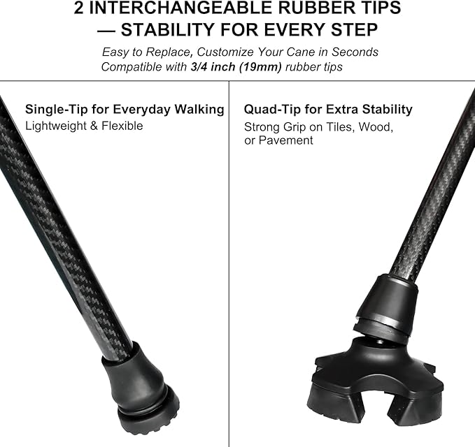 Adjustable Walking Cane for Men & Women - Lightweight Carbon Fiber Cane, Premium Walking Stick for Seniors with Quad & Single Rubber Tips, Ergonomic Handle & Wrist Strap