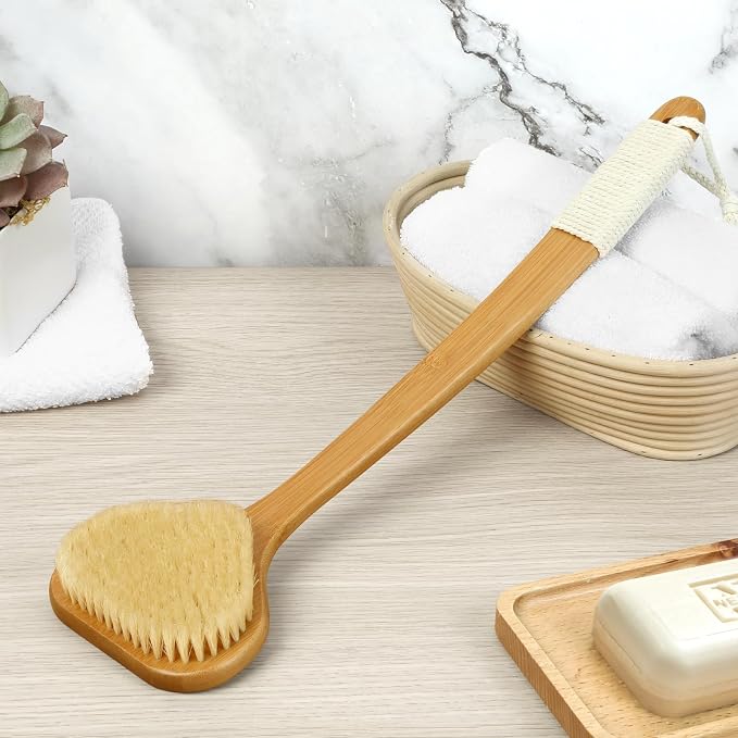 eaxun 17.3 Inches Bamboo Back Scrubber with Curved Long Handle for Shower | Exfoliating Shower Brush with Natural Boar Bristles for Men and Women, Anti-Slip Grip Back Washer for Bath or Dry Brushing