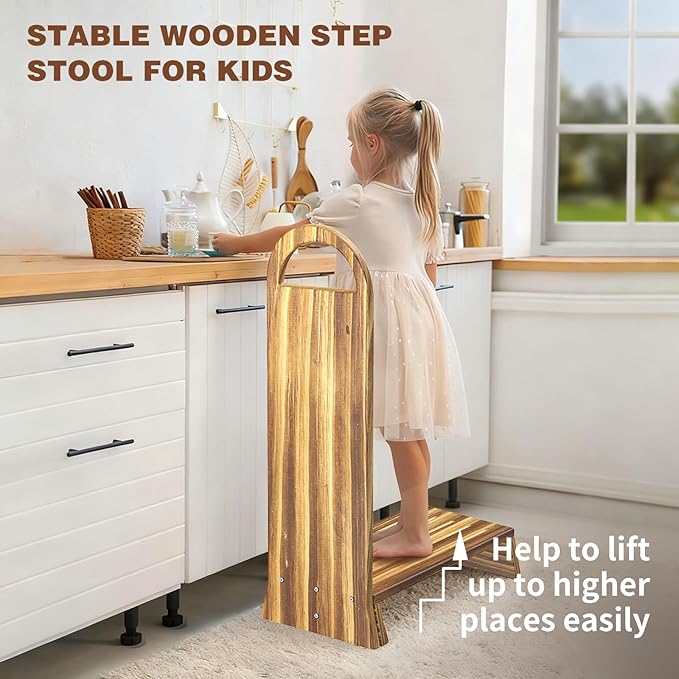 Wooden One Step Stool with Handle, 5" Height Wooden Step for Bathroom/Kitchen, Solid Wooden Step with trapezoidal feet for Elderly, Adults, Kids to Get in & Out of Bed Easily(440LBs Capacity)