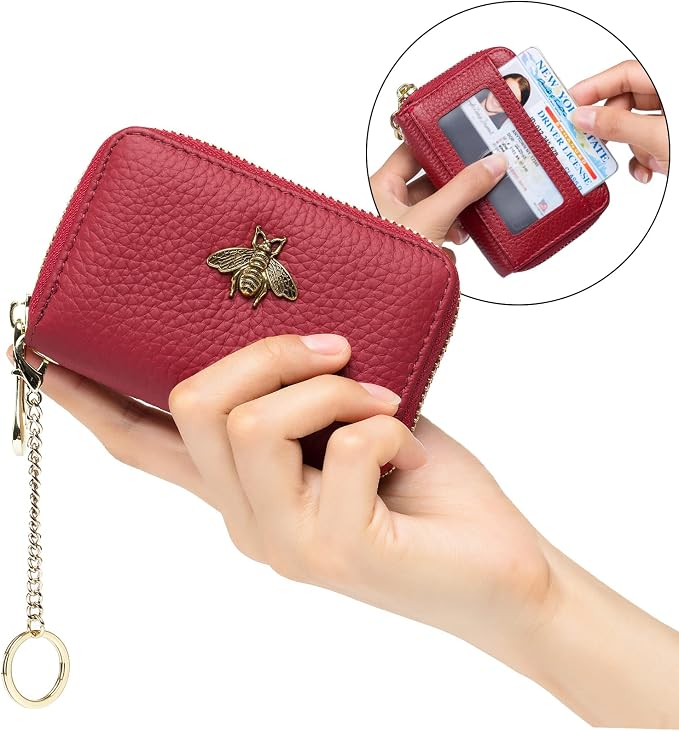 imeetu RFID Credit Card Holder, Small Card Wallet Women, Leather Card Case | Genuine Leather Women's Card & id Cases, Change Coin Purse with Zipper Keychain id Window, 20 Colors & 3 Styles, Daily, Gifts