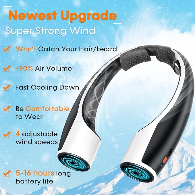 Rohent 2-Pack Hands-Free Neck Fan - 4000mAh USB-C Rechargeable with Turbo Cooling Ultra-Quiet 4 Speeds 360° Airflow for Travel Outdoors (Black) | Turbo Cooling, Long Battery Life, 4 Speeds, Keeps Cool 360° Airflow for Working Outdoors (Black)
