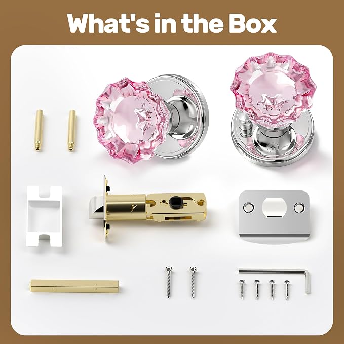 Pink Glass Door Knobs Interior with Lock, Crystal Door Knob | Interior Rose Shape Polished Chrome Privacy Door Knob for Bedroom and Bathroom