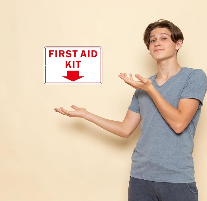 First Aid Sign, (2 Pack) Self Adhesive First Aid Kit Sign for Wall, Aluminum Metal Signs With 2 Pre-drilled Holes (9 x 6 inches, White/Red)