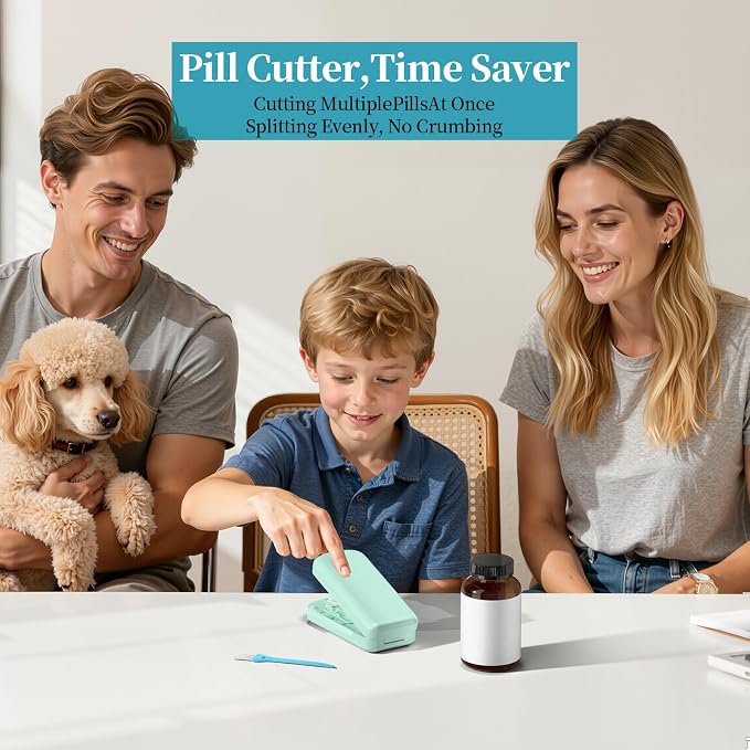 Daviky Pill Cutter Splitter for Small & Tiny Pills, Dual Safety Blades, Adjustable Centering Slot, Precise 1/2 1/3 1/4 Tablet Cutter, Built-in Storage, Portable & Senior-Friendly(Green)