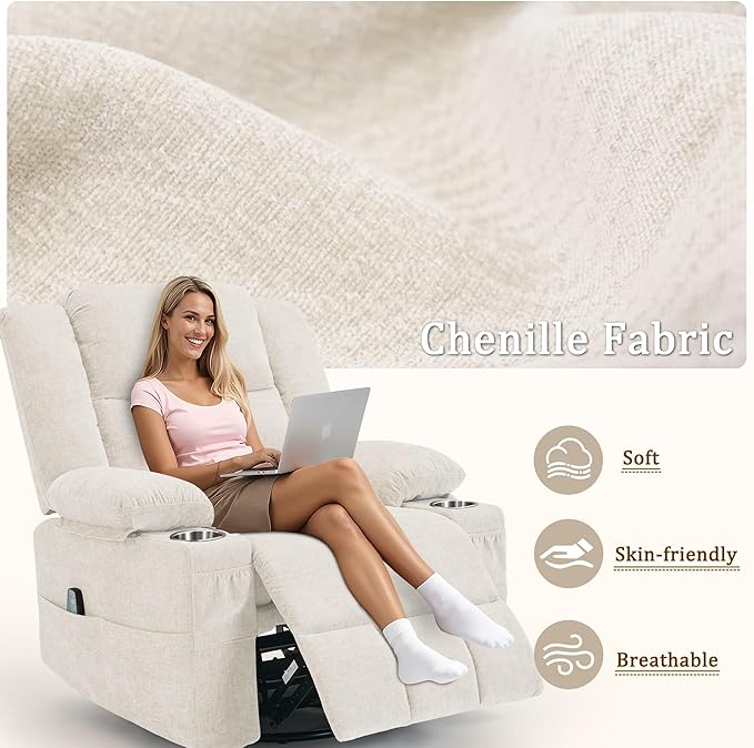 Korser 360° Swivel Rocker Recliner for Adults, Nursery Glider Recliner with Massage and Heating, Rocking Chair with Cup Holder, Manual Recliner Chair for Living Room, Bedroom (Fabric, Beige)