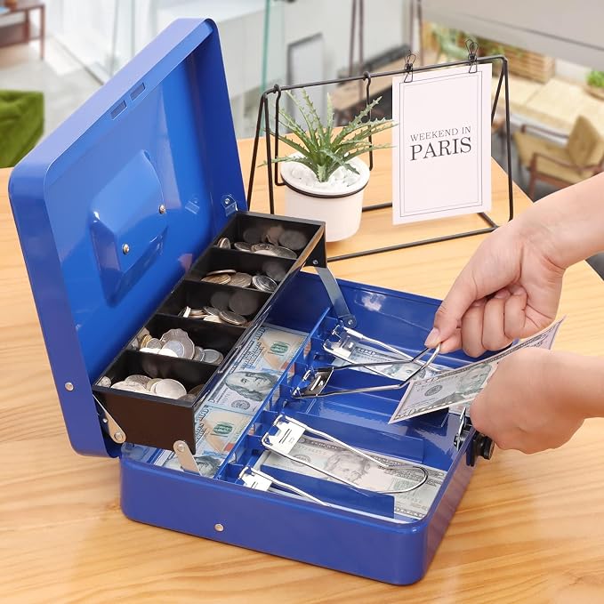 xydled Metal Cash Box, Cash Box with Money Tray and Combination Lock, Storage Box, Blue,4 Bill / 5 Coin Slots,11.8" x 9.5" x 3.5",Blue
