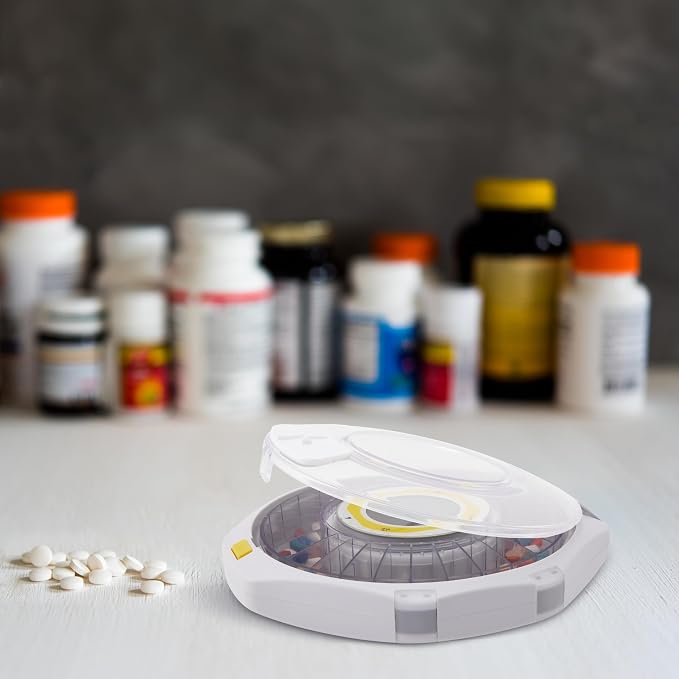 LiveFine Bluetooth Pill Dispenser, 9 Dosage Rings, 28-Day, Frosted Lid | Free app control with sound and light alerts, secure key lock, quick-press latch - trusted by seniors, arthritis sufferers.