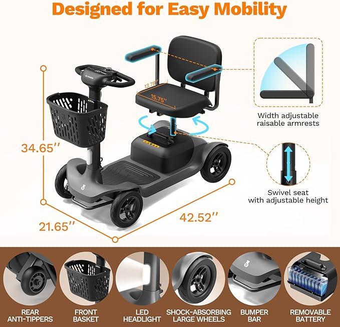 S1 Mobility Scooter for Adults, 4-Wheel Electric Mobility Scooter – 25-Mile Range, 6 mph, Smart Safety Features, Spacious Legroom, Swivel Seat, Headlight & Basket, Charger Included – Dark Gray