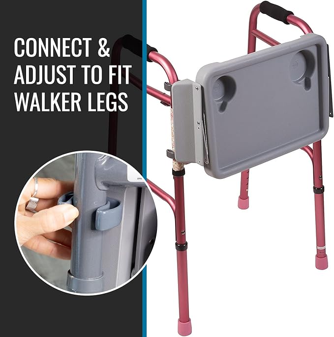 DMI Walker Tray with Cup Holders for Folding Walkers, Mobility Accessory Tray Table Fits Most Standard Walkers