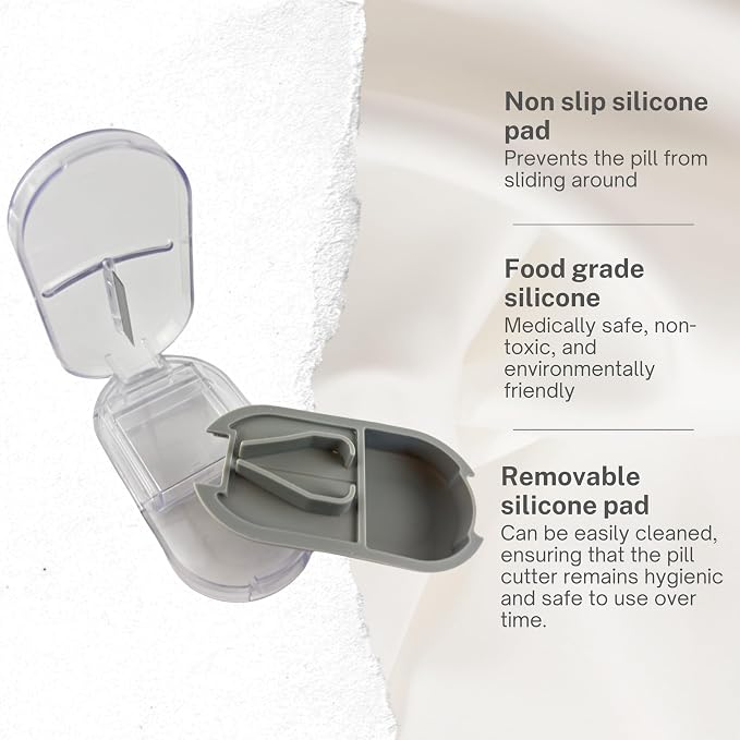 2 Pack Pill Splitter for Small & Large Pills – Professional Pill Cutter with Clear Cover & V-Grip Centering Device – Precise 1/2 & 1/4 Cuts for Oblong, Oval & Round Tablets (Gray & Brown)