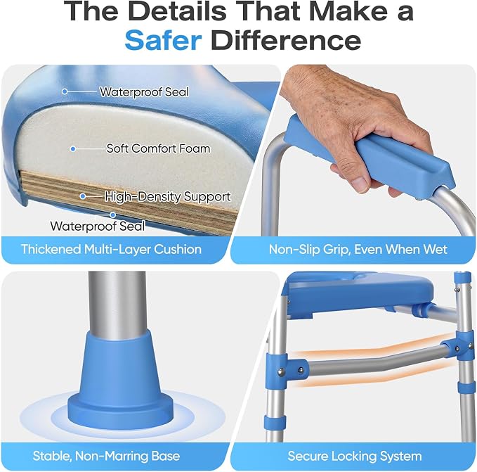 Heavy Duty Toilet Seat Riser for Seniors, Anti-Wobble Standalone Raised Toilet Seat with Handles, Adjustable Padded Commode Safety Frame for Bariatric, Handicap & Surgery Recovery