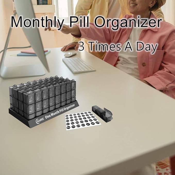 CAidRE Monthly Pill Organizer 3 Times A Day, One Month Pill Box Organizer Morning-Noon-Night, 31 Day Pill Organizer with 32 Daily Compartments for Fish Oil, Vitamins, Supplements and Medications,Black