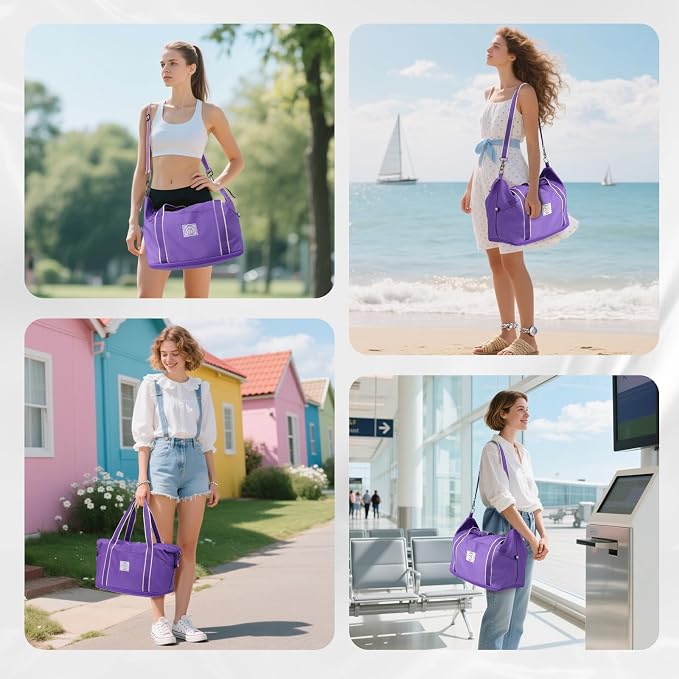 WALNEW Travel Duffel Bag, Weekender Overnight Carry On Bag for Women Men, Foldable Waterproof Gym Luggage Duffle Bag with Metal Buckle Detachable Shoulder Strap and Wet Compartment (Purple)