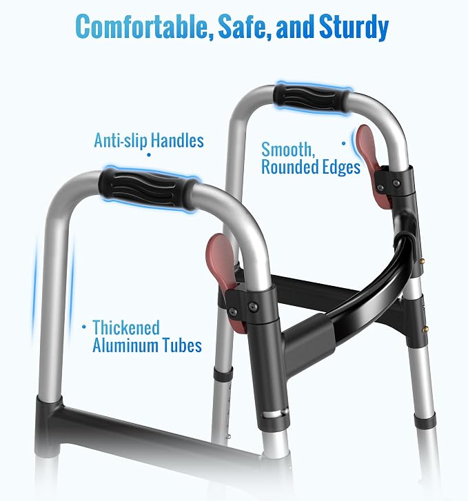 HOMLAND Standard Walkers for Seniors, 6.5lb Lightweight Foldable Walker | One-Hand Folding, 8 Height Adjustments, 350lb Capacity, Easy to Assemble, 2 Skis, 5" Wheels, Aluminum Frame, Frosted Silver