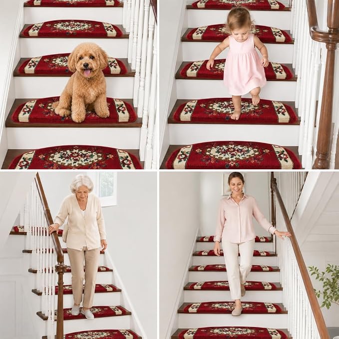 Rounded Bullnose Carpet Stair Treads for Wooden Steps Indoor, No Tape Non Slip Step Mats with TPU Backing & Steel Reinforced Edge for Dogs Elders,Ivory red,14
