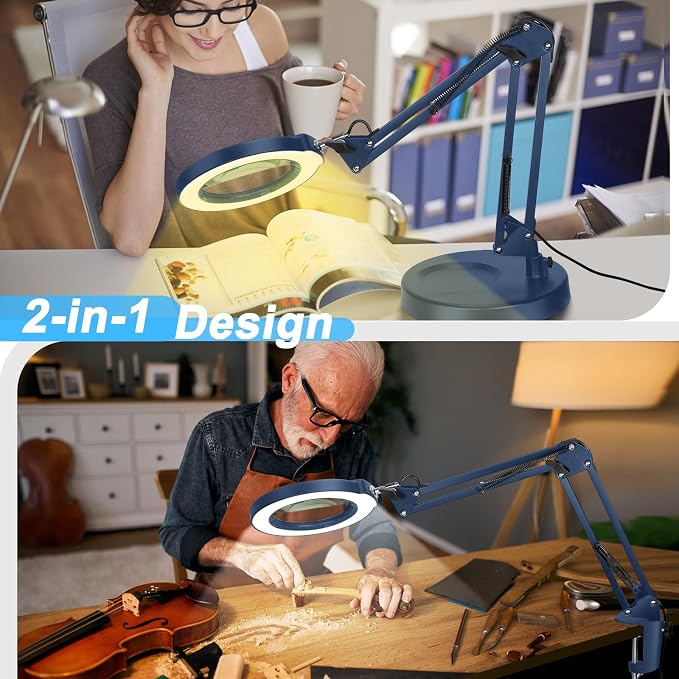 12X Magnifying Glass with Light and Stand, 5 Color Modes Stepless Dimmable 2-in-1 Lighted Magnifier with Clamp, LED Desk Lamp Hands Free for Crafts Hobby Reading Painting Sewing Close Work Blue
