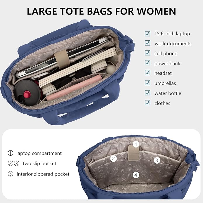 Puffer Tote Bag for Women Quilted Nurse Bag Lightweight Work Bag for Teacher Travel Handbag with Multiple Pockets