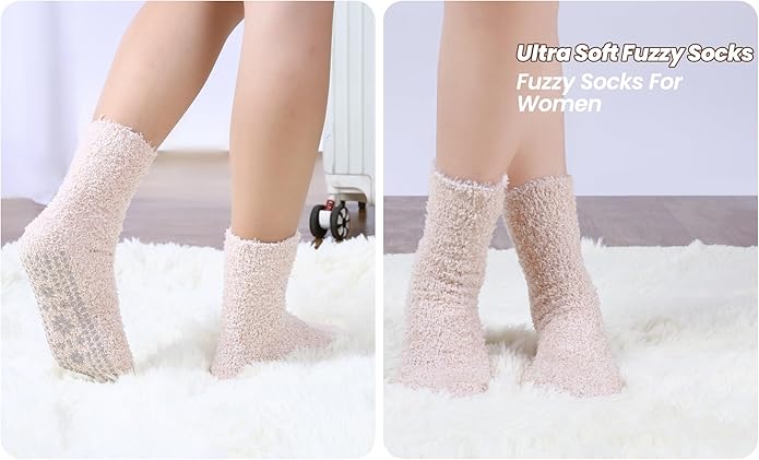 HUGSWEET 6 Pairs Thick Fuzzy Socks with Grip Cozy Non Slip Hospital Socks Home Fluffy Warm Slipper Socks Gifts for Women