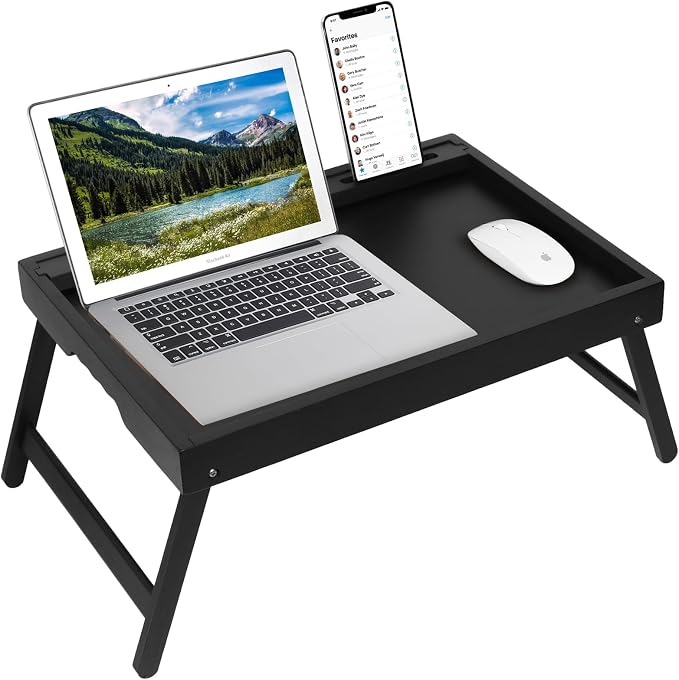Artmeer Bamboo Bed Tray Table with Device Slot, Folding Legs, Large, Black | FSC-certified bamboo bed tray with folding legs, device slot and handles for meals, laptops, reading and serving in bed.