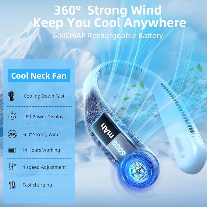 Portable Neck Fan, Personal Wearable Bladeless Fan, 6000mAh USB Rechargeable, 360° Airflow, LED Display, 4-Speeds, Hands Free Fan for Outdoor Indoor, Birthday Gifts for Men Women Dad Mom (Light blue)