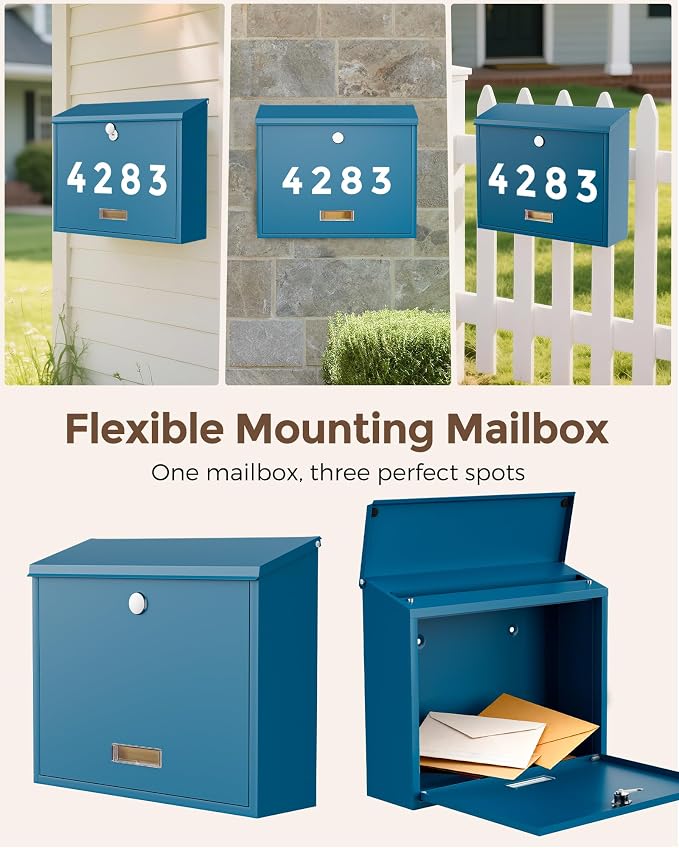 LAND·VOI Locking Wall-Mount Mailbox for Outside, with 4 Keys, Galvanized Steel Rustproof Metal Postbox, 4" Dx13.8 Wx11.2 H, Includes 3 Sets of Mailbox Numbers, Nameplate, Blue