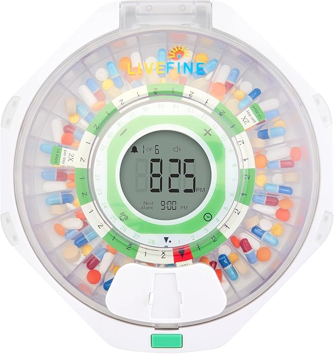 LiveFine 28-Day Automatic Pill Dispenser, 9 Dosage Rings, Clear Lid | Portable, battery-powered with a lockable key cover - built for seniors, arthritis sufferers, and caregivers.