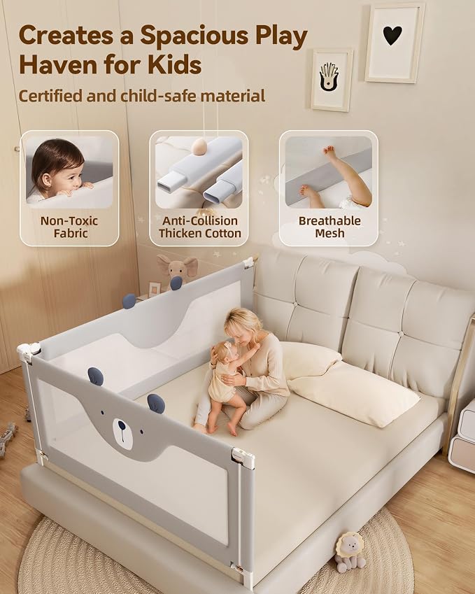 2 Piece Full Size Bed Rails for Toddlers, No-Drill Baby Bed Rail Guard | Thickened Child Safety Side Railing Guards, Height Adjustable Bedrail for Kids, 2-Side for Full Bed , 54”x74.8”,Grey Bear