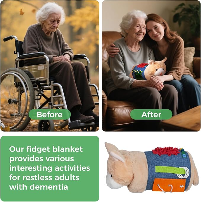 lefeke Fidget Muff Cat and Blanket for Elderly, Fidget Blanket for Dementia, Premium Dementia Activities for Seniors, Sensory Gifts for Nursing Home