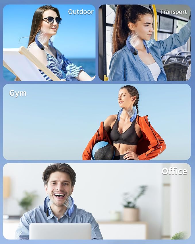 FrSara Portable Neck Fan Rechargeable, Neck Fans that Blow Cold Air, Personal Neck Cooler with 4000mAh, LED Display, 3 Speeds, USB TYPE-C, Ideal Gift for Women, Travel, Men, Sports, Denim