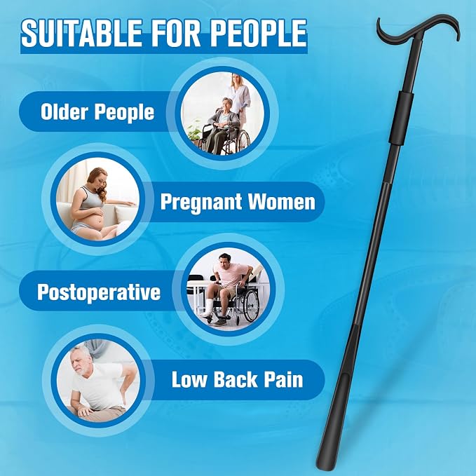 Shoe Horn Long Handle, Dressing Stick with S-Hook, 24-35 Inch Extendable Dressing Aid for Elderly, Disabled, Arthritis, Pregnant Women, No Bending Required (Black)