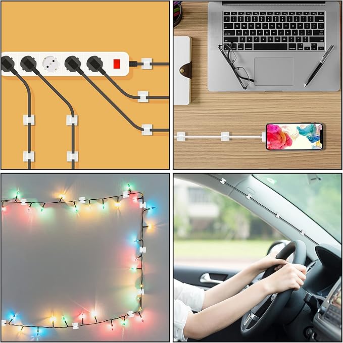 200 Pcs Cable Clips, Adhesive Cable Organizer Cord Holder Wire Clip Wire Management Self Adhesive Hooks Wire Holder for Office, Home(White, 200PCS)
