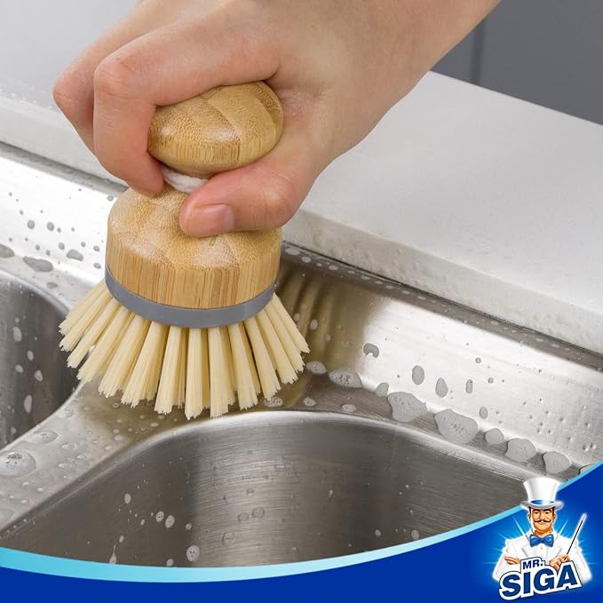 MR.SIGA Bamboo Palm Brush, Dish Scrub Brush, Bamboo Dish Brush, Pack of 2 | Scrub brush for dishes, pans, pots, kitchen sink cleaning, palm scrubber, palm scrub brush, dish scrubber