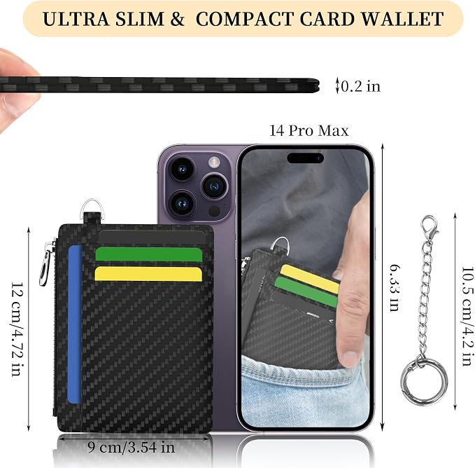 Hancynir Minimalist Black Small Wallet Men Credit Card Holder, Slim RFID | Zipper Keychain Wallet, Key Chain, Travel Coin Front Pocket, Women Mens Gifts, Thin Card Case, 6 Card Slots, PU Leather