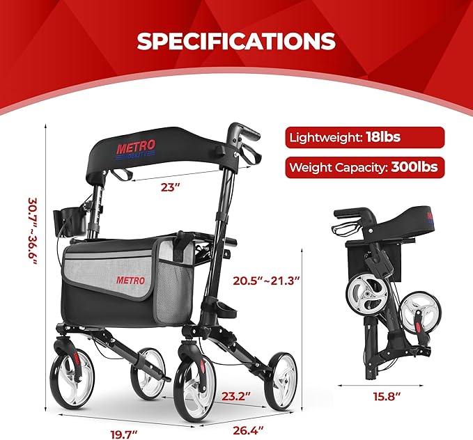 Metro Mobility Rollator Walker with Seat for Seniors, Foldable Lightweight Rolling Walker, 8" Big Wheels for All Terrain, 300 lb. Weight Capacity, Black