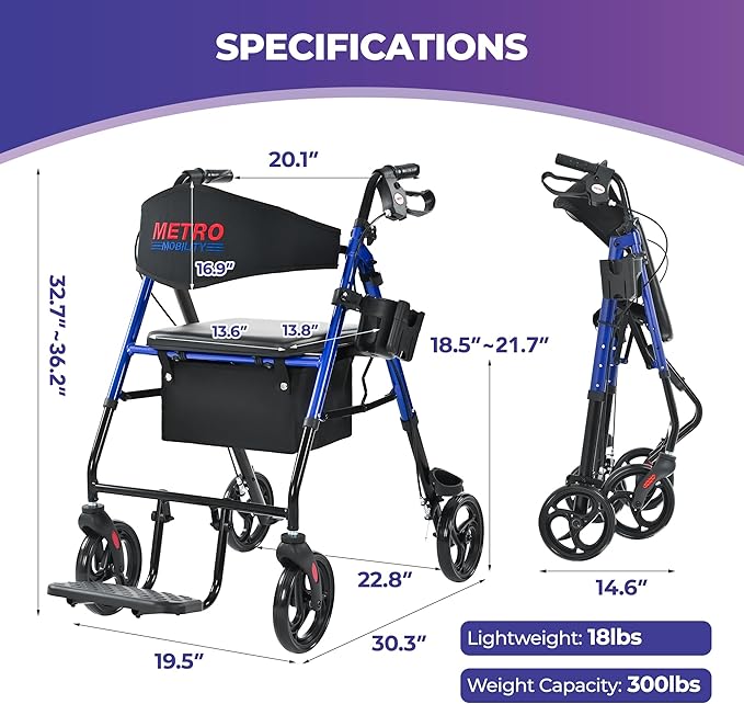 Metro Mobility 2 in 1 Rollator Walker & Transport Wheelchair, Foldable Lightweight Rollator Walker with Seat, 8" Big Wheels for All Terrain, 300 lb. Weight Capacity, Blue