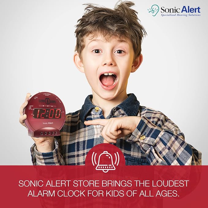 Sonic Alert Sonic Bomb Dual Alarm Clock with Bed Shaker, Red Vibrating Alarm Clock Heavy Sleepers, Battery Backup | Wake with a Shake