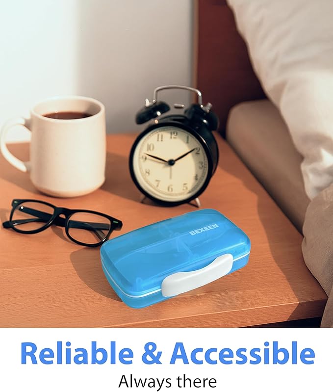 Travel Pill Organizer - Airtight Medicine Case for Traveling Portable Pharmacy Box with Labels Vitamin Container 8 Compartment Supplement Medication Holder Large Capacity Daily (Blue)