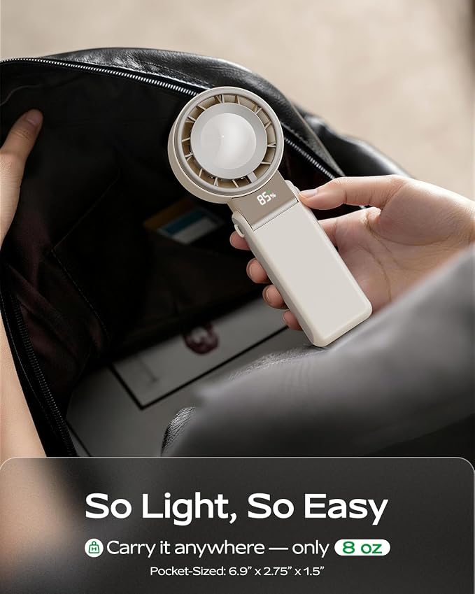 SHEWIND Portable Handheld Mini Fan -5 Speeds, 20H Max, LED Display - Cream | Foldable Mini Fan; Neck & Desktop Use; 4000mAh Rechargeable Battery; Travel Turbo Fan
