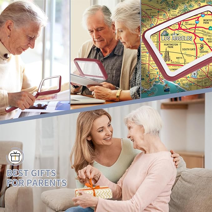 Magnifying Glass for Reading, Rechargeable 5X Large Page Magnifier with Light, Folding Handheld Dimmable Rectangle Lighted Magnifier for Reading Book Small Print for Seniors Low Vision, Red White