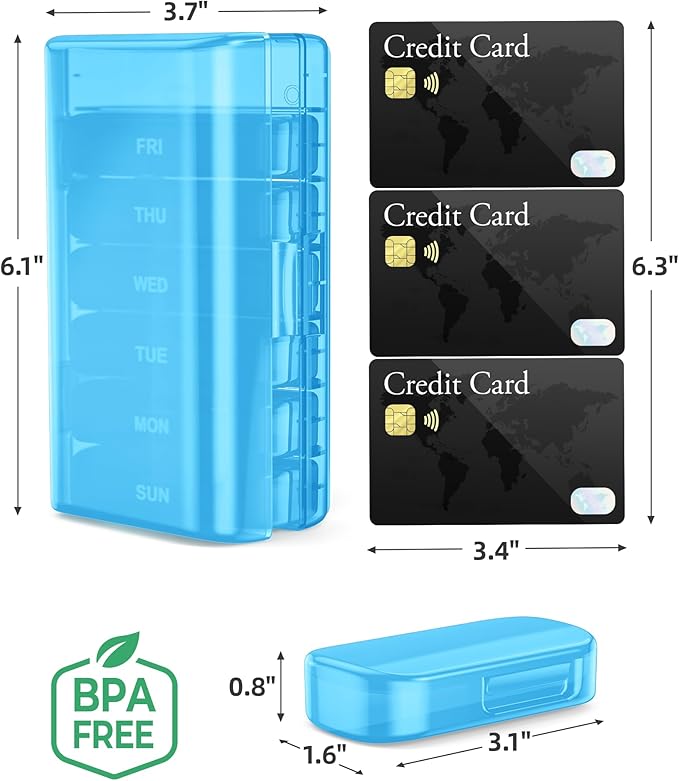 PULIV Weekly Pill Organizer with Large Capacity, Dual Protection Pill Box 7 Day, Arthritis Friendly Pill Case Easy to Open, Medicine Organizer for Vitamins, Medications, Fish Oils, Supplements (Blue)