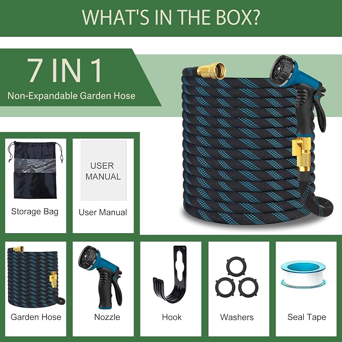 Garden Hose 100 ft, Non-Expandable Flexible Water Hose with 10 Function Spray Nozzle, Lightweight, Leak Proof, Kink-Free, Portable Hose for Outdoor, Yard, Lawn, High-Density Fabric, Black Blue