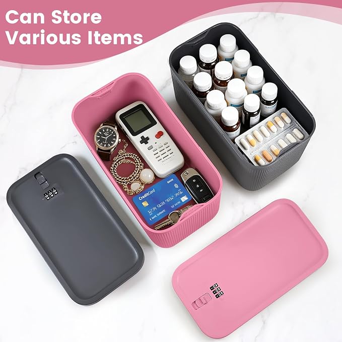 Medicine Lock Box with Code,Taller Size Small Lock Box with Combination Code for Medication Safe,Lock Box for Pills/First Aid Kits/Snack/Ipad Mini,Locked Container for Home/Office 9.4X5.5X5.7inch Pink