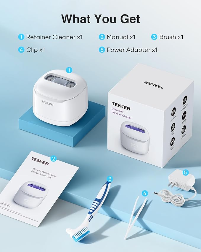 Ultrasonic Retainer Cleaner Machine, 49kHz Dental Cleaning Pod for Night Guards, Mouth Guards, Aligner, Braces, Toothbrush, Jewelry, Dentures, Ultrasonic Cleaner for Oral Dental Care, 220ML, White